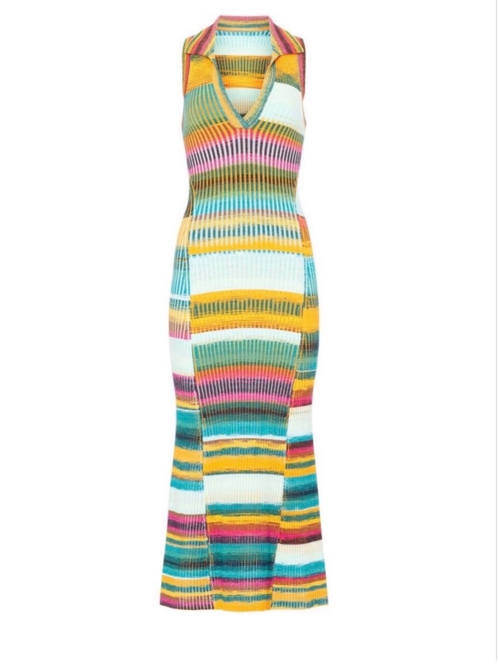 Sleeveless V-Neck Striped Knit Maxi Dress in Multi-Color
